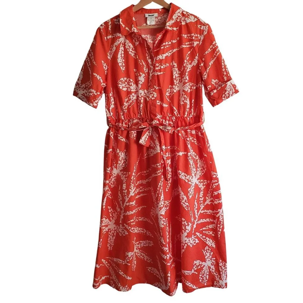 DKNY Red-Orange Print Shirt Dress 12 White Leaf Print Cotton Midi - Picture 12 of 12